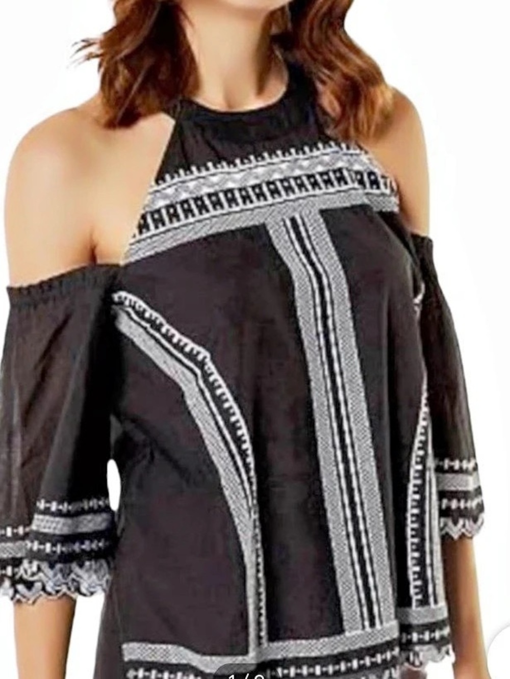 Karen Millen Cold Shoulder Woven Embroidered Blouse Black & White Size 2